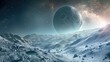 A large planet, partially hidden by a mountain range. The mountain range has a gray tone, and the planet is blue-brown. The sky is blue, with white stars scattered throughout the image.