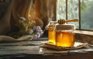 Two jars of honey on wooden table in front of window with view of the garden