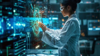 Poster - Engineer analyzing rotating microchip hologram in high-tech lab