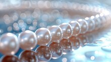 Pearl Beads Are Arranged Diagonally On A Mirror Surface.