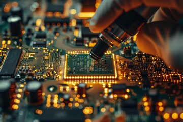Poster - Close-up of a semiconductor chip with microscope in a tech lab