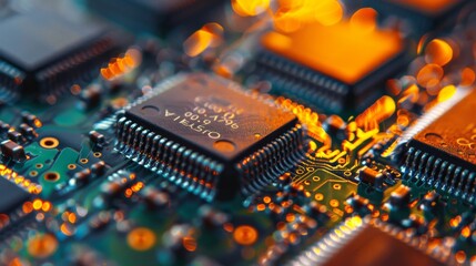Poster - Close-up of microprocessors on a circuit board with glowing lights