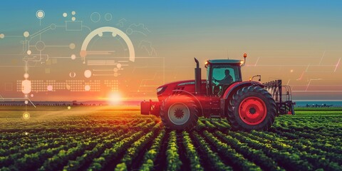 Poster - Dawn of Smart Agriculture: Tractor Equipped with Advanced Technology Navigating Through a Field of Crops at Sunrise, Generative AI