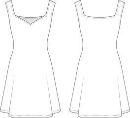 curved deep sweetheart neck sleeveless strappy shoulder straps a line short dress template technical drawing flat sketch cad mockup fashion woman design style model
