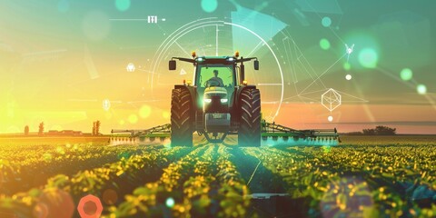 Poster - Dawn of Smart Agriculture: Tractor Equipped with Advanced Technology Navigating Through a Field of Crops at Sunrise, Generative AI