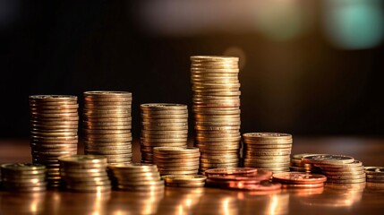 Coins stacked on each other in different positions. Business and finance concept.