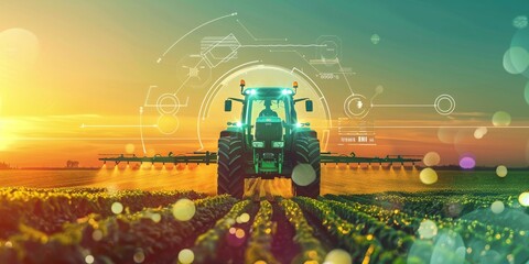 Poster - Dawn of Smart Agriculture: Tractor Equipped with Advanced Technology Navigating Through a Field of Crops at Sunrise, Generative AI