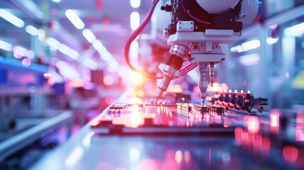 Poster - Advanced robotics working on nano-scale chip manufacturing illuminated in a tech facility