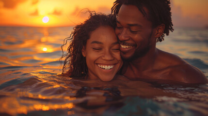 Wall Mural - Black couple, travel and beach fun while laughing on sunset nature adventure and summer vacation or honeymoon with a piggy back ride. Comic, energy and black man and woman love on ocean holiday.