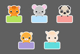 Fototapeta Pokój dzieciecy - Colored school labels set for kids. Cute cartoon animals shaped notepads, memo pad, sticky tags, scrapbooking, cards, baby shower, invitation. Vector stock illustration