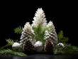 Moss cones and spruce needles, painted white, arranged horizontally