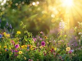 Fototapeta Maki - Summer backyard with vibrant wildflowers and warm sunlight with copy space