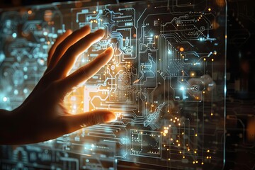 Poster - Engineer's hand interacting with a futuristic transparent digital interface