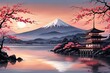 Traditional Japanese pagoda with iconic Mount Fuji in background, capturing essence of Japans natural beauty, cultural heritage. For interior, commercial spaces to create stylish atmosphere, print.