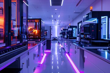 Poster - Ultra-modern semiconductor chip testing facility with cutting-edge machinery and vibrant lighting