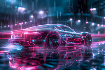 Wall Mural - Transparent neon futuristic car în dark background, 3d render