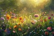 Enchanting beauty of a spring meadow bathed in golden sunlight, with vibrant flowers and lush green grass swaying gently in the breeze.