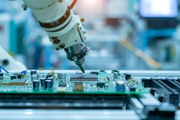 Poster - Robotic arm assembling electronic components on a circuit board in a tech factory