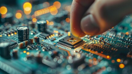 Poster - Close-up of hand installing a microchip on a circuit board