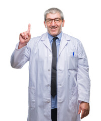 Wall Mural - Handsome senior doctor, scientist professional man wearing white coat over isolated background showing and pointing up with finger number one while smiling confident and happy.