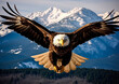 A large eagle is flying over a snowy mountain. The eagle is majestic and powerful, soaring high above the snow-covered peaks. Concept of freedom and awe, as the eagle effortlessly navigates the sky