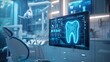 Modern dental clinic interior with interactive 3D tooth infographic on display