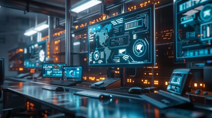 Poster - Futuristic interactive holographic displays in a high-tech workspace