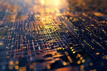Poster - Close-up view of a high-tech microchip with intricate circuitry and gleaming lights