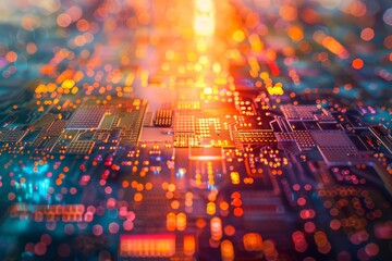 Poster - Close-up of a vibrant microchip circuit with glowing lights