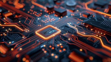 Poster - Close-up view of a glowing circuit board with electronic components