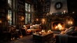Luxury living room with fireplace, armchair, pillows and books. 3d rendering