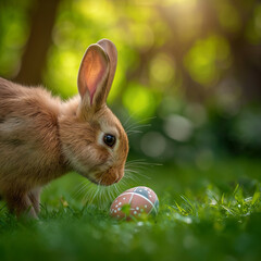 Curious Tan Rabbit Inspecting a Decorative Egg in Lush Green Grass