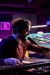 Fototapete - Sound engineer recording piano keys notes and singing on microphone, producing new music with electronic gear. Musician composing songs on midi controller, home studio equipment.