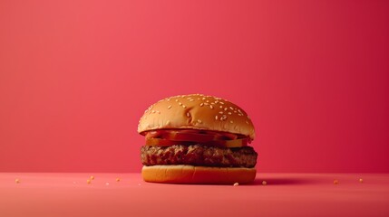 Wall Mural - A burger on mono color studio with red background, product shooting vibes, the burger patty looking delicious. Generated by artificial intelligence.