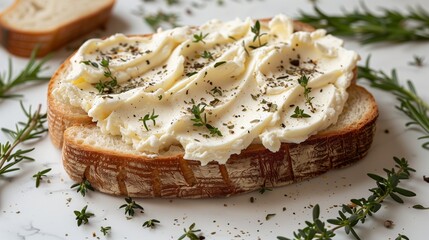 Wall Mural - White bread with cream cheese and herbs on it with white background. Generated by artificial intelligence.