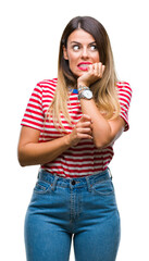 Sticker - Young beautiful woman casual look over isolated background looking stressed and nervous with hands on mouth biting nails. Anxiety problem.