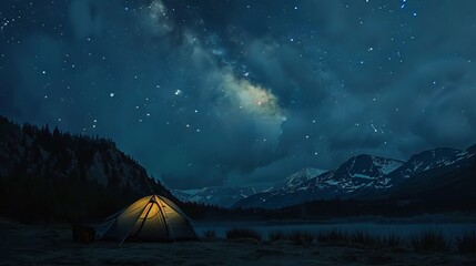 starry night camping under an illuminated sky, dotted with countless twinkling stars and ethereal cl