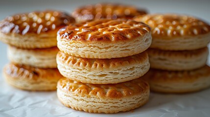 Biscuits with a golden finish on a white background