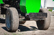 Big tires close up. Tractor front wheels. Selective focus