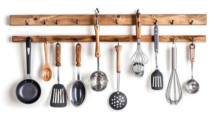 kitchen rack hanging with kitchen utensils isolated on white