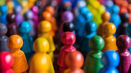 Poster - A group of brightly colored wooden people standing in a line, AI