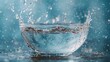 Dynamic water splash in clear glass bowl on blue
