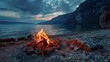 Warm and cozy campfire on the beach in the summer brings back joyful times. Happy memories made at the lake.