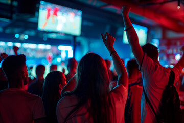 A silhouette of an elated sports fan is captured against the vibrant backdrop of a bar's televised sports event. 