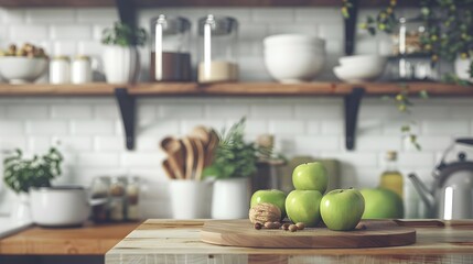 Kitchen tools and kitchenware utensil object with ingredients and mix nut with green apple on kitchen shelf wood white for healthy eat and health care life.