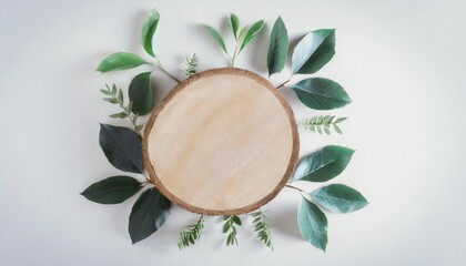 Wall Mural - empty wooden podium and green leaves frame on white background round saw cut and fresh natural branches for product marketing spring or summer layout eco mockup top view flat lay copy space