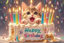 A Cake Celebrating A Birthday With A Kitten, Many Colorful Candles, And The Words "Happy Birthday." Celebration Or Anniversary Concept.