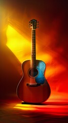 Poster - A guitar is shown in a colorful light with the sun behind it, AI