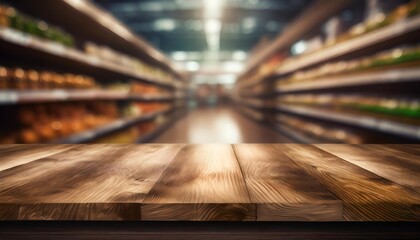 Wall Mural - empty wood table top on shelf in supermarket blurred background