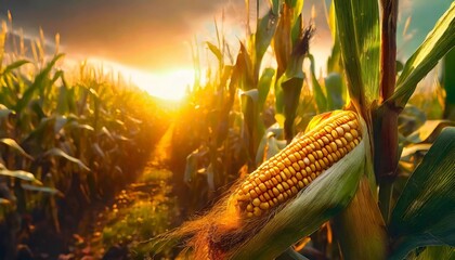 Canvas Print - corn cobs in corn plantation field with sunrise background generative ai